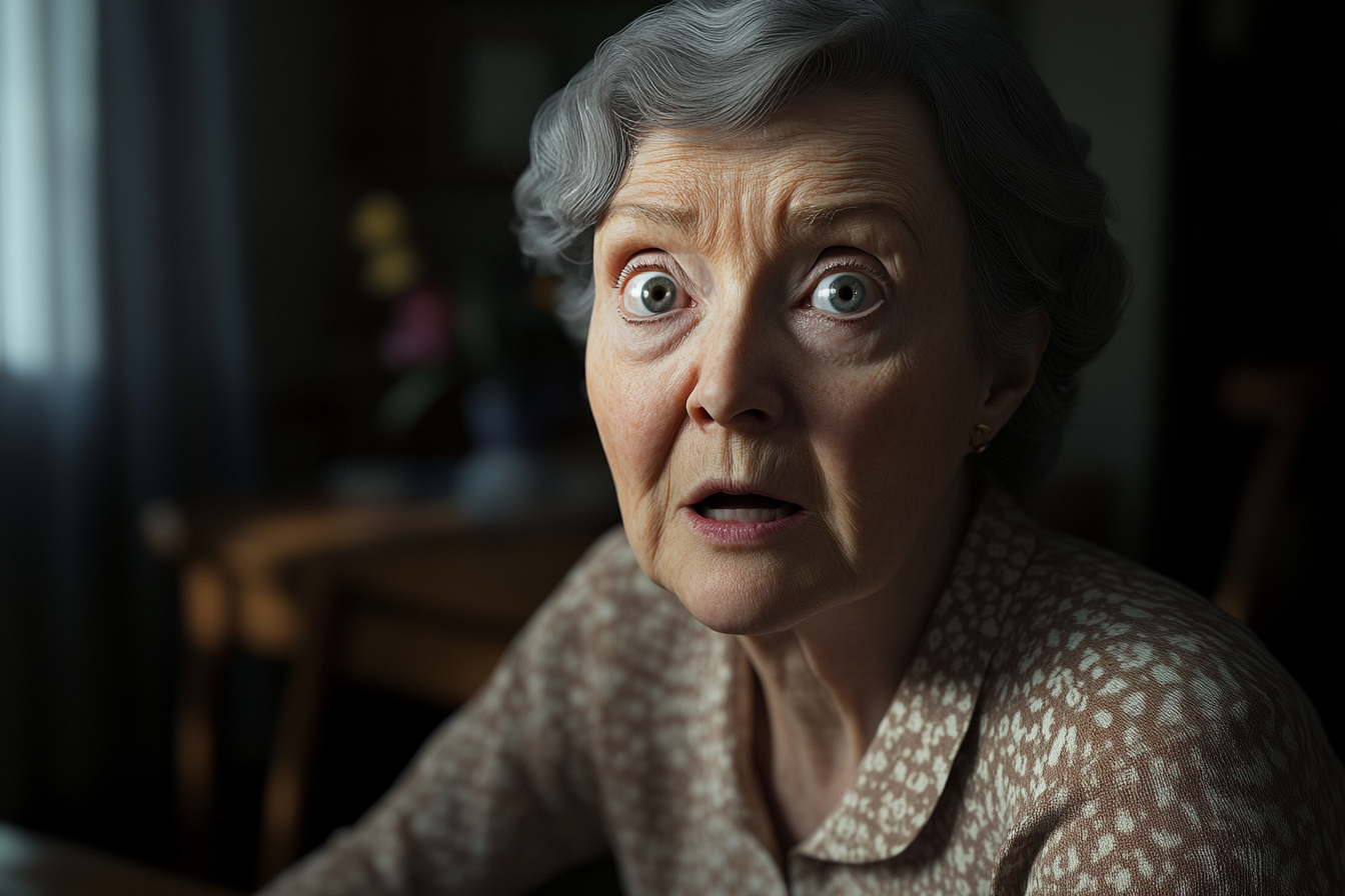 An older woman looking straight ahead with wide eyes | Source: No source