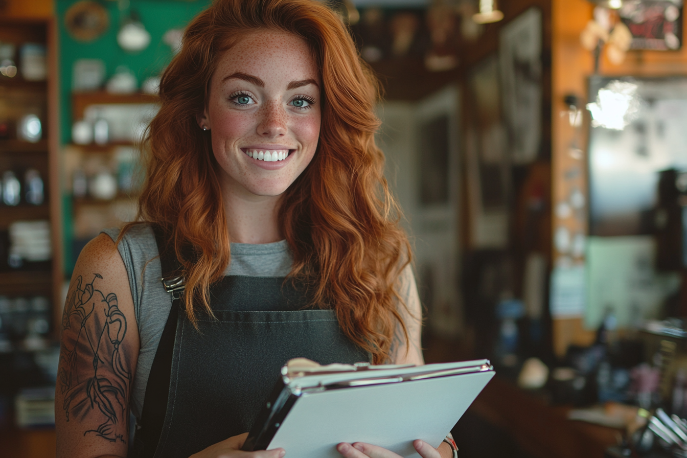 A woman standing in a tattoo parlor, smiling and holding a sketchbook | Source: no source