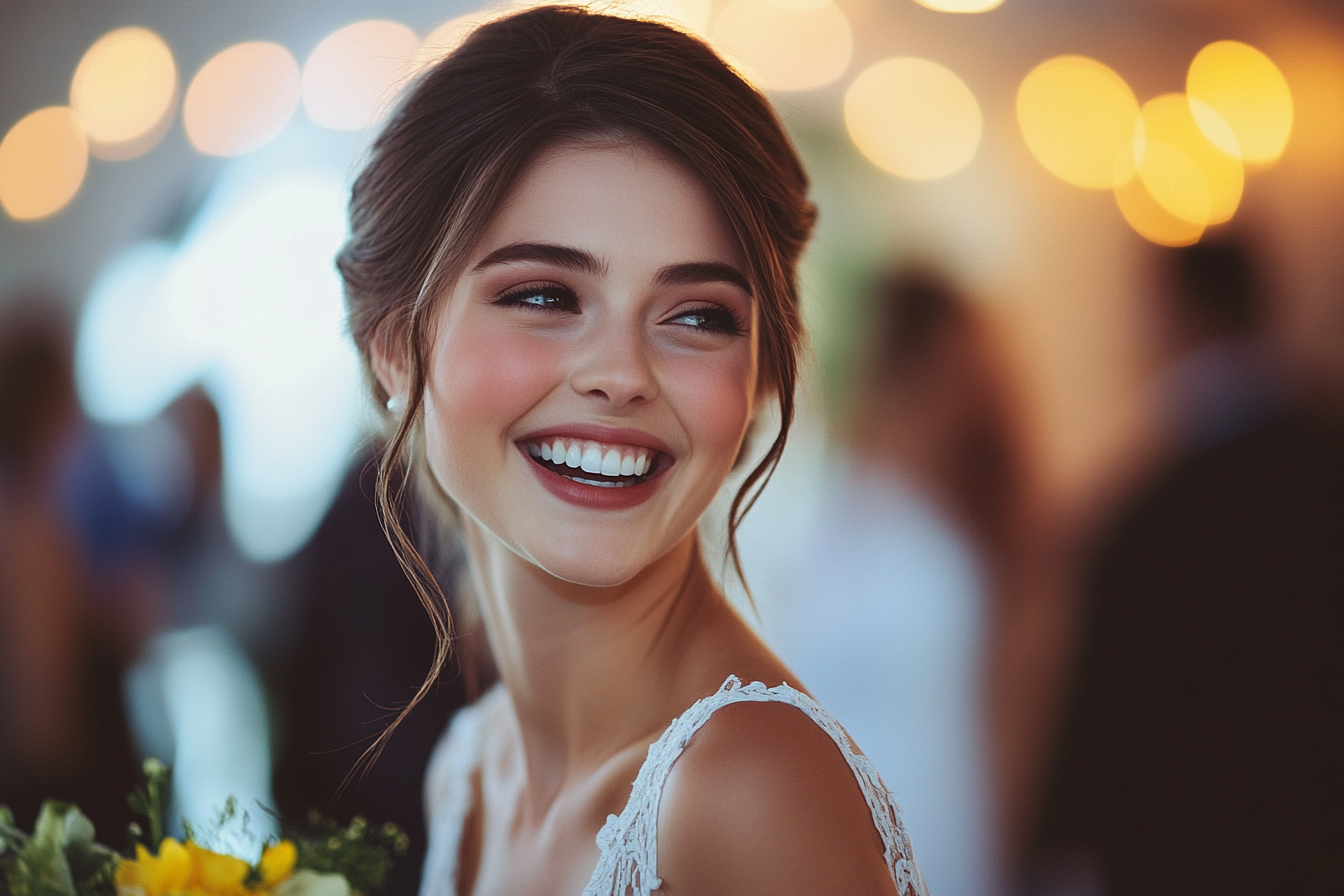 A happy bride glancing over her shoulder | Source: no source