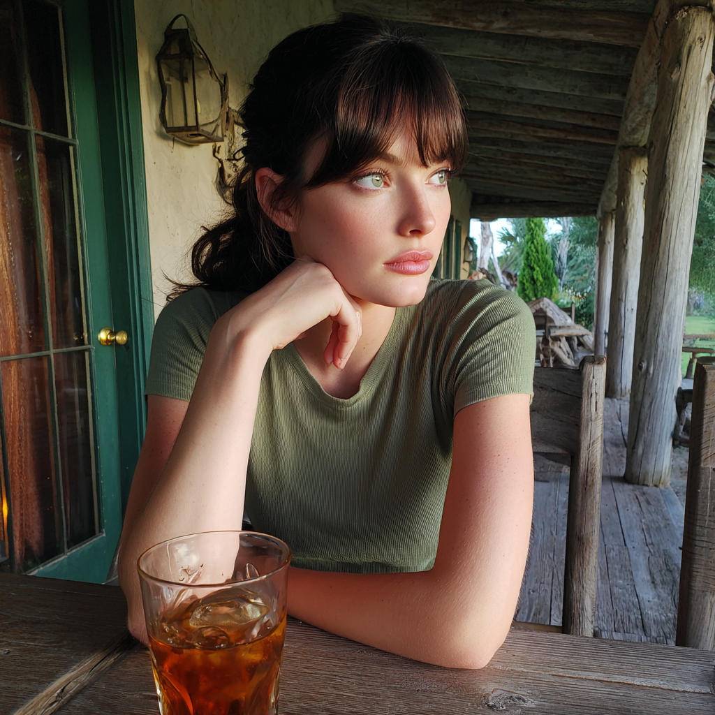 A young woman sitting at a table with a glass of iced tea | Source: No source