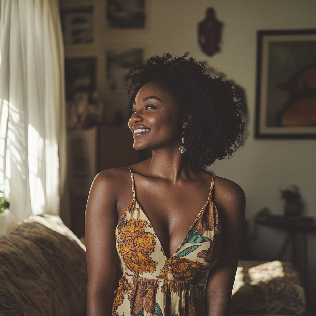 A smiling woman in a dress | Source: No source