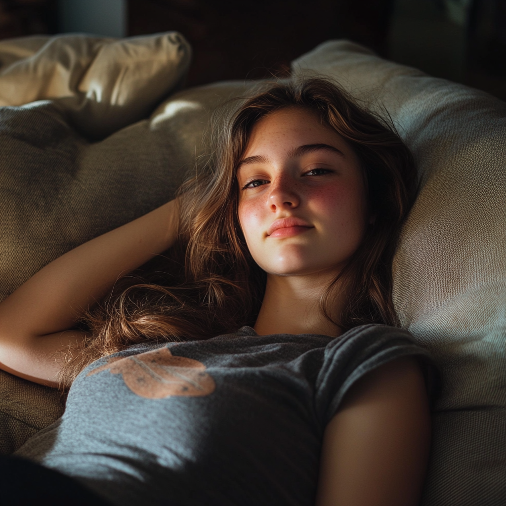 A smiling girl on her living room couch | Source: No source