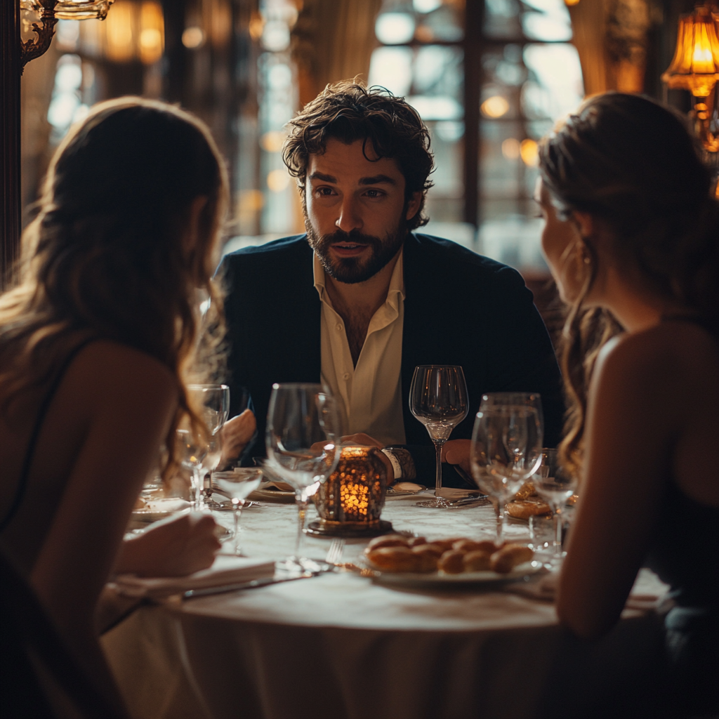 Tense man talking to two women at a dinner table | Source: No source