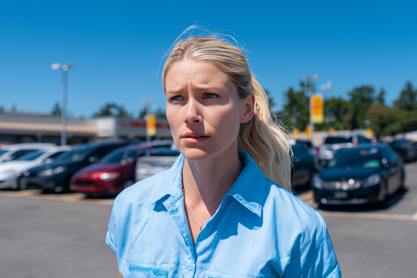 A concerned-looking woman standing in a parking lot | Source: No source