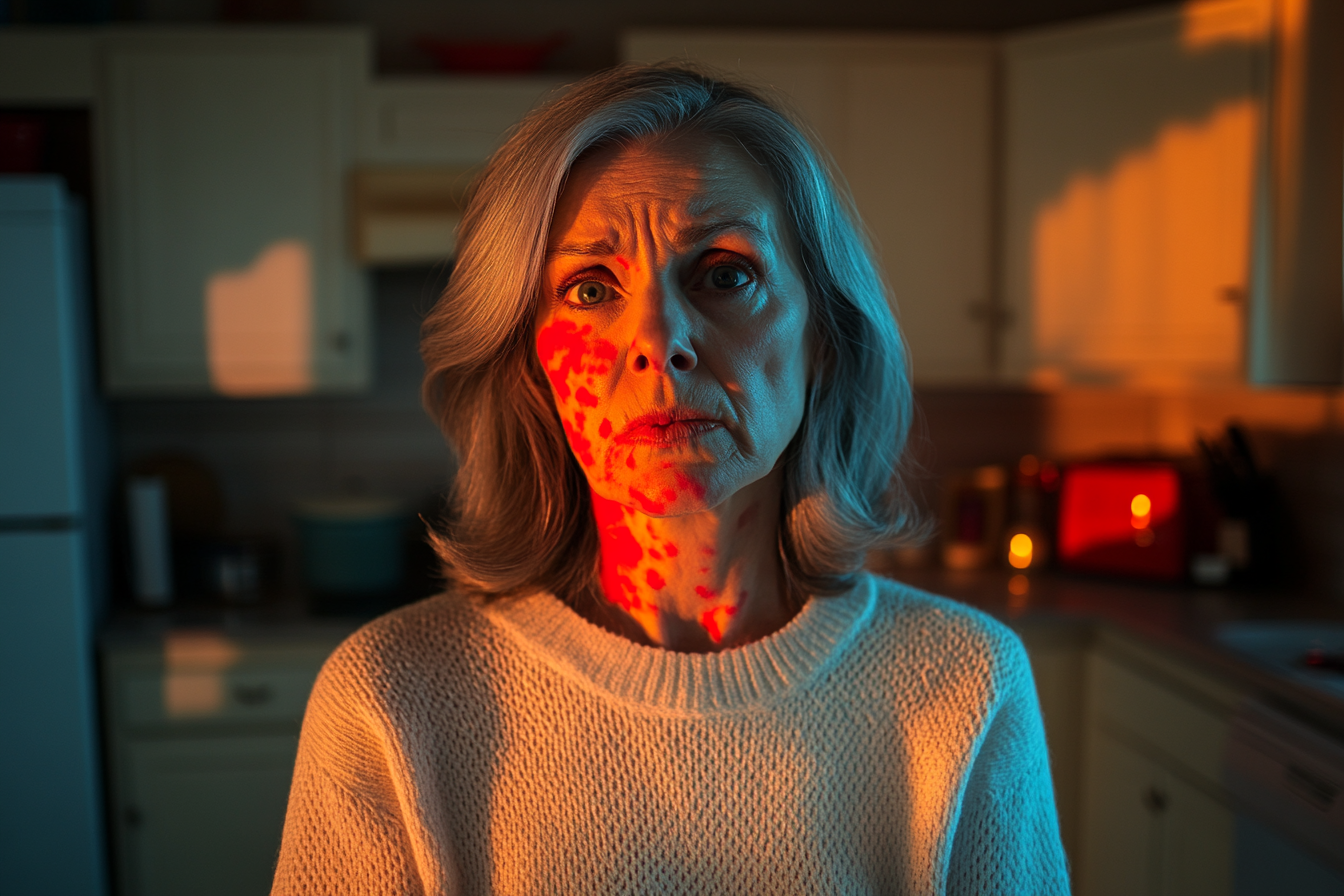 Woman in her 50s with red hives on her face from an allergy in the kitchen | Source: No source