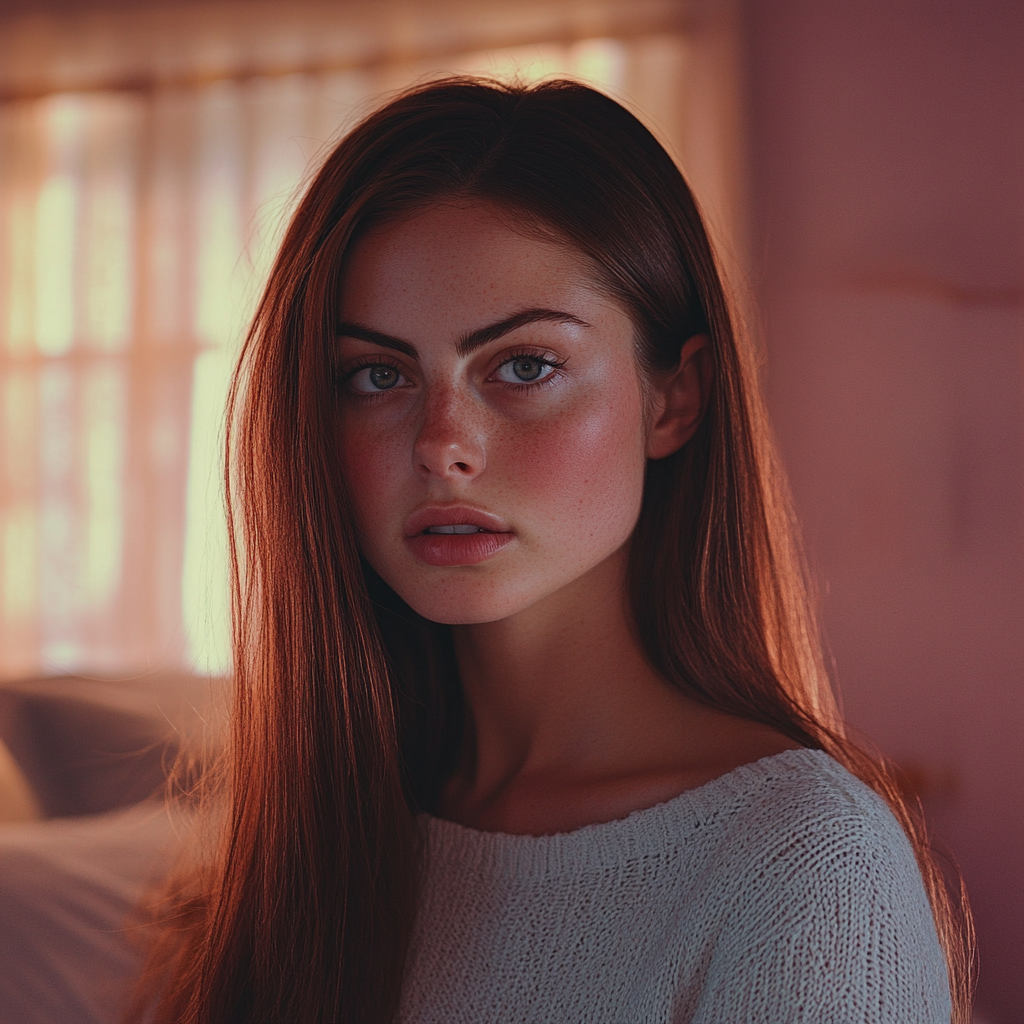 An emotional woman standing in a pink bedroom | Source: No source