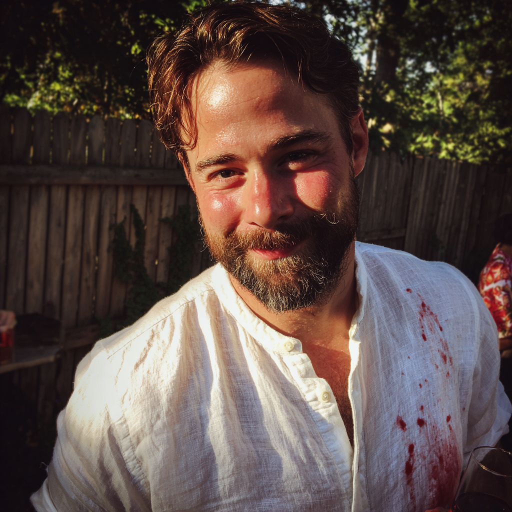 A smiling man with wine on his shirt | Source:  no source