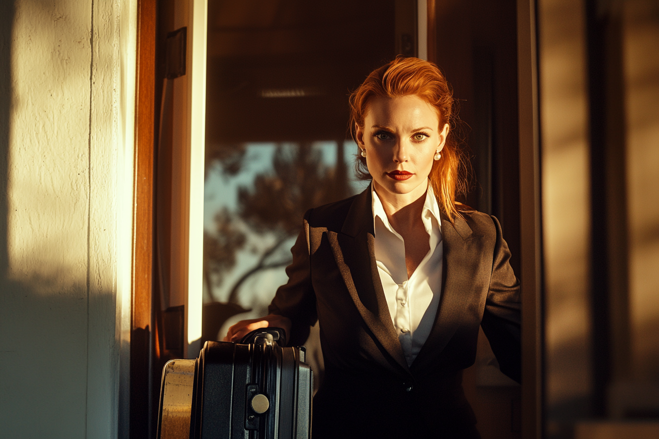 A woman in work clothes rolling a suitcase through the front door | Source: no source