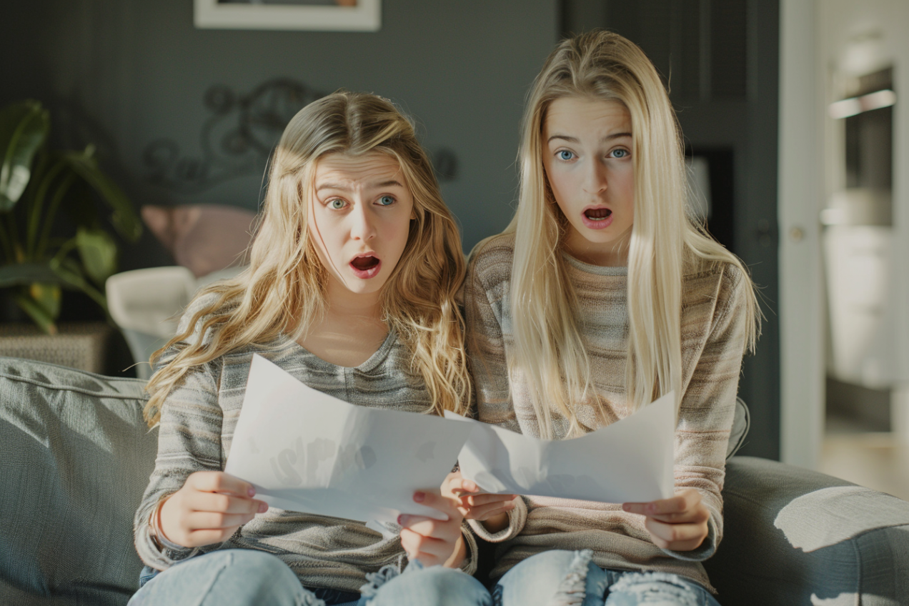 Twin sisters looking shocked while reading letters | Source: No source