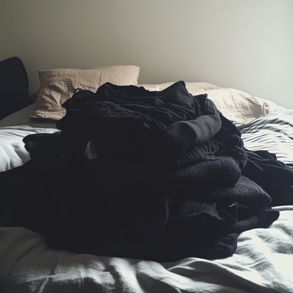 A pile of black clothing on a bed | Source: No source