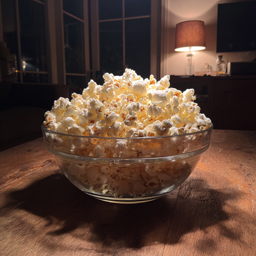 A bowl of popcorn on a table | Source: no source