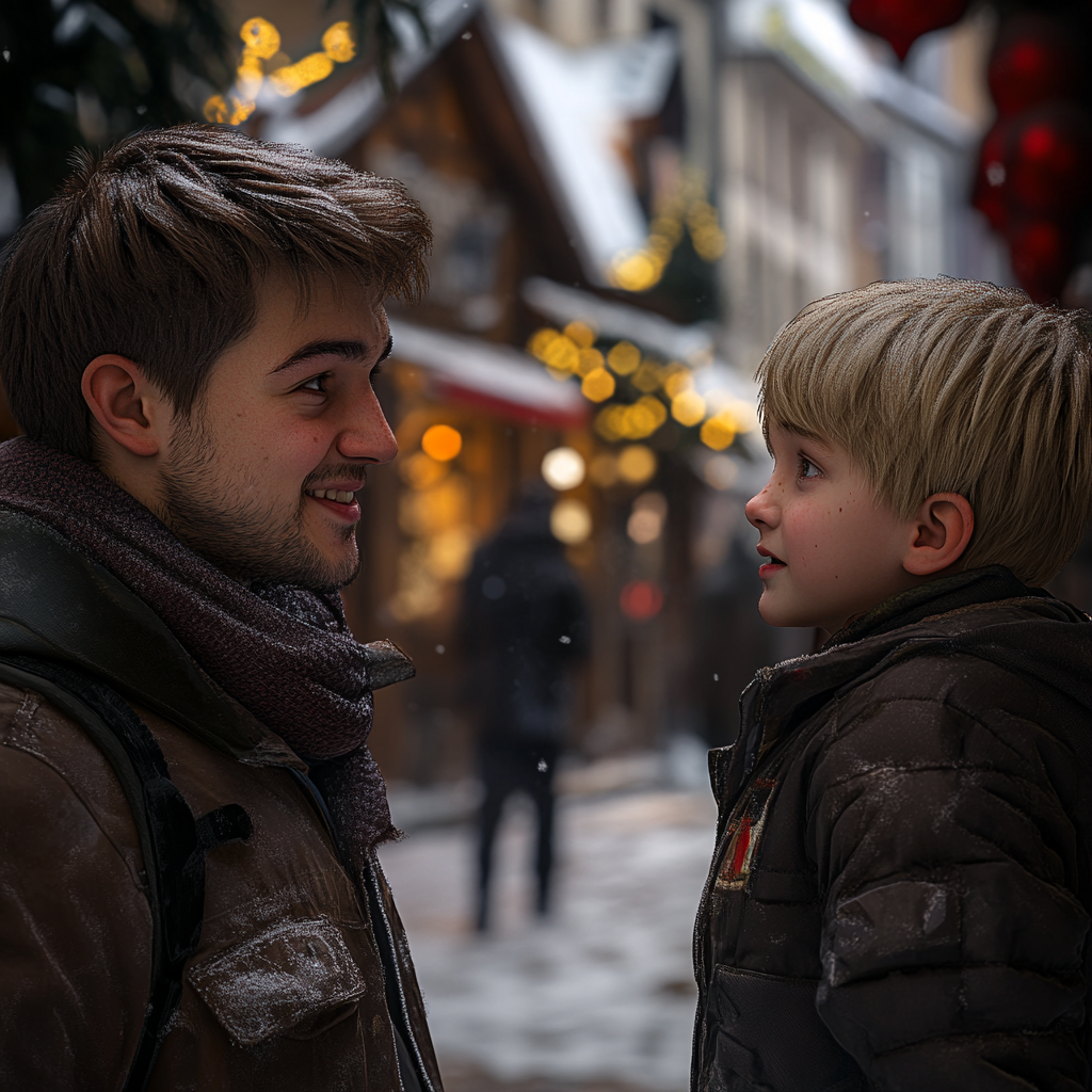 A man talking to a boy on a Christmas fair | Source: No source