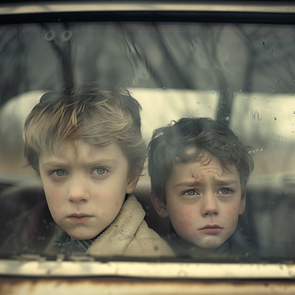 Sad kids in a car | Source: No source