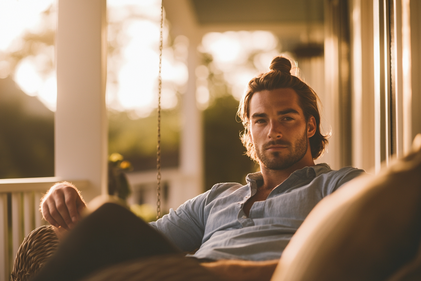 A man sits on a porch looking seriously at someone | Source: no source