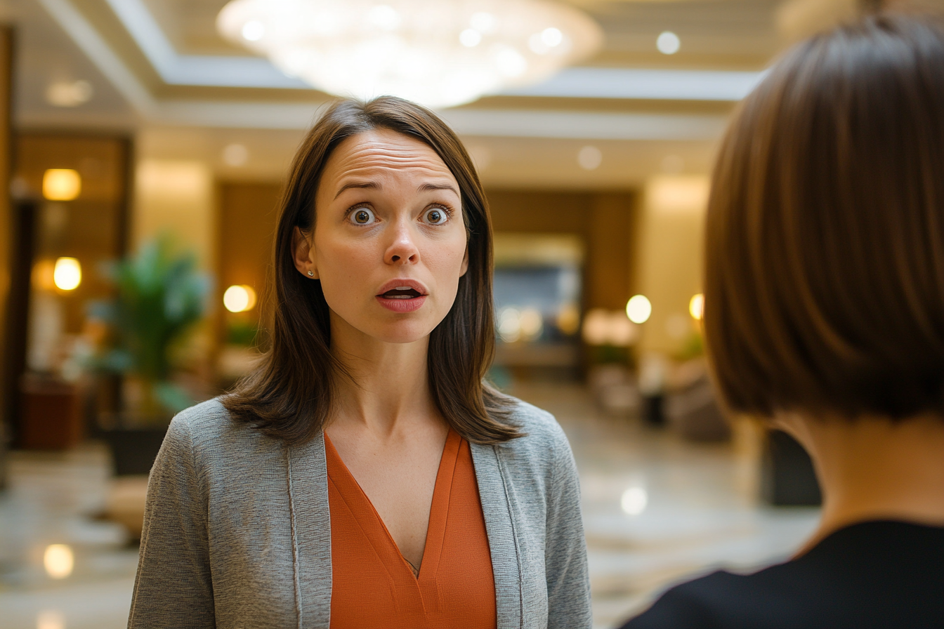 Two women speaking in a hotel lobby | Source: No source