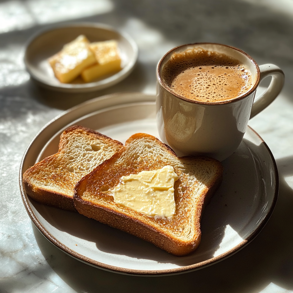 A cup of coffee and buttered toast | Source: no source