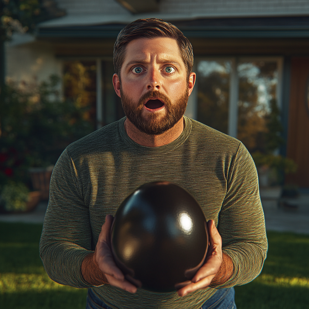 A startled man holding a big black egg | Source: No source