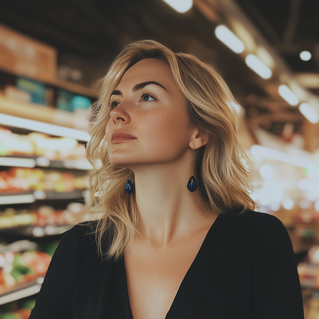 A woman looking away at a grocery | Source: No source