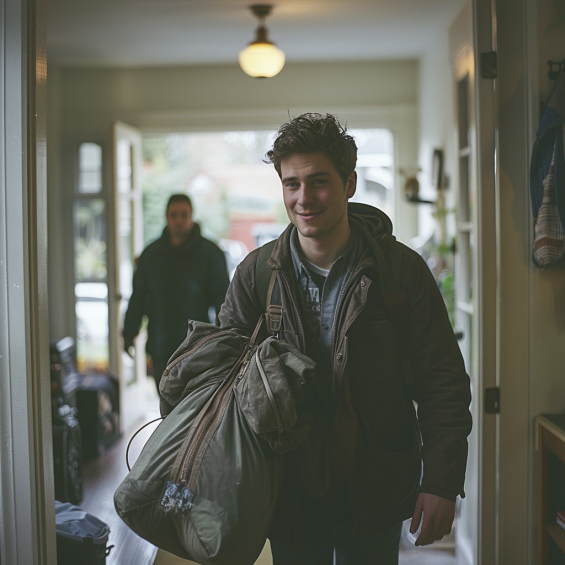 A happy man carrying a duffel bag while his friend follows behind | Source: No source