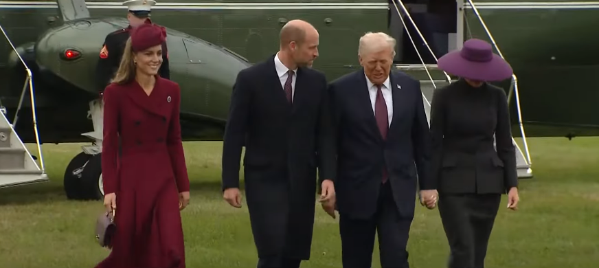 Catherine, Princess of Wales, moving her bag from one hand to another, as she and William, Prince of Wales receive US President Donald Trump and First Lady Melania Trump at Windsor Castle on September 17, 2025, in Windsor, England | Source: Youtube/Sky News