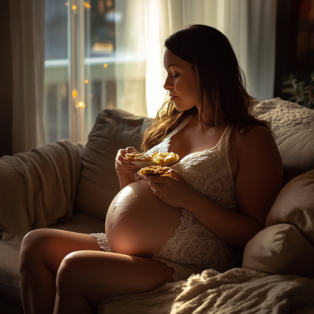 Pregnant woman seating on the couch eating snacks | Source: No source