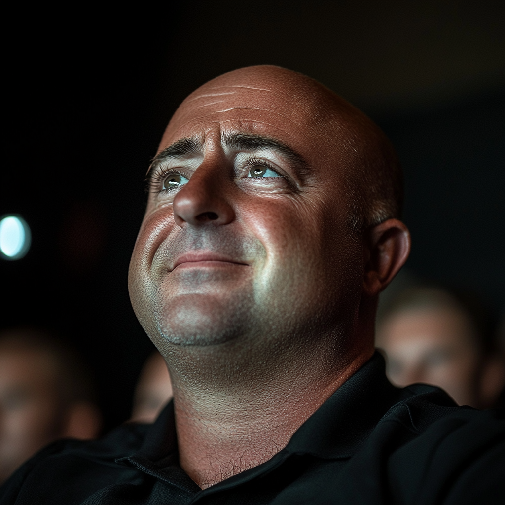 An excited man sitting in an auditorium | Source: no source