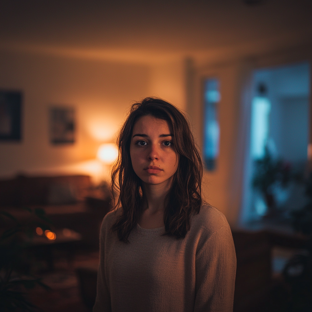 A sad woman in the middle of her living room | Source: no source