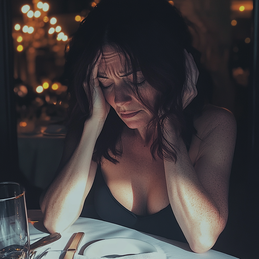 An upset woman sitting at a table | Source: No source