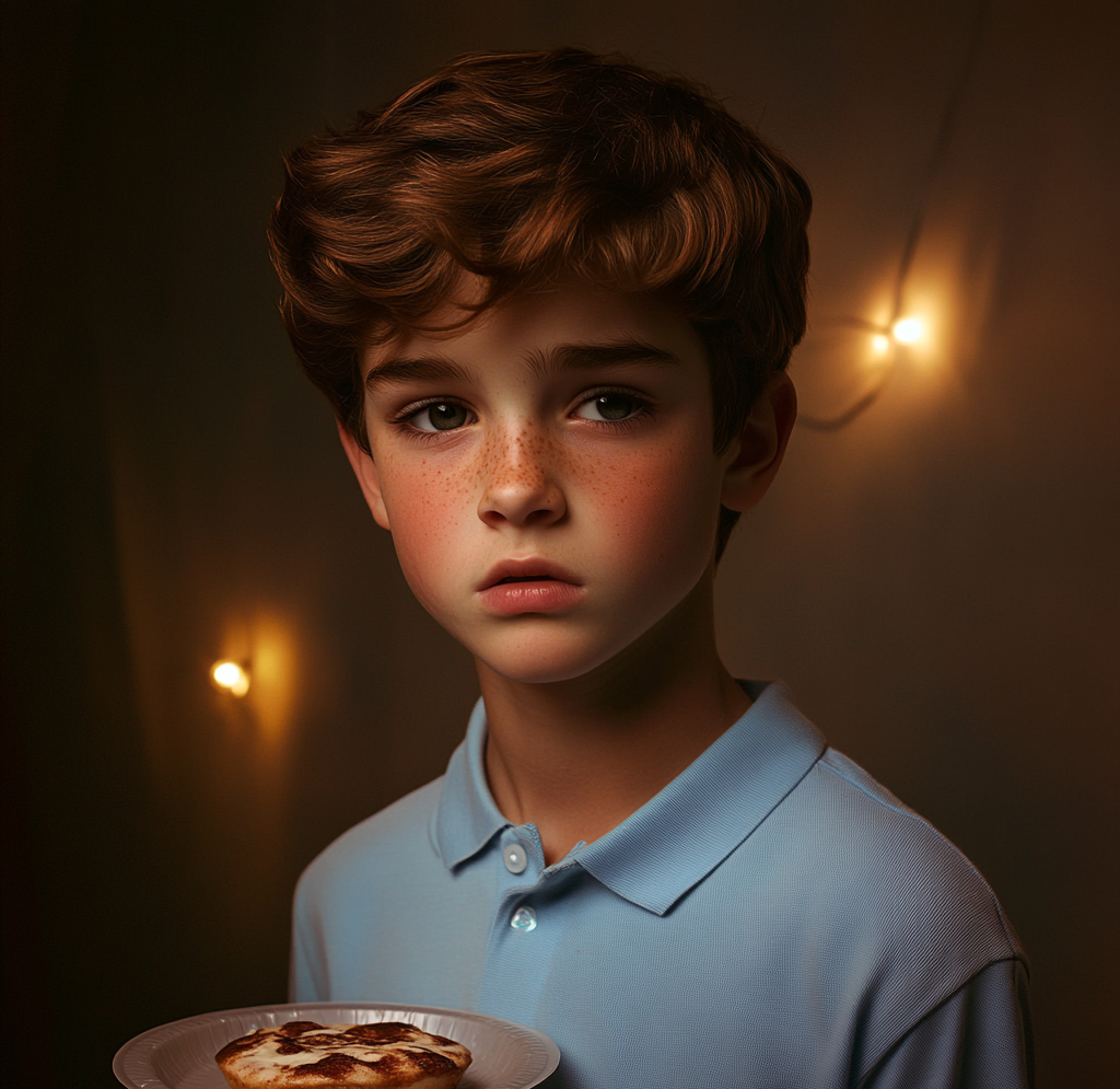 A heartbroken boy holding a plate of cake | Source: no source