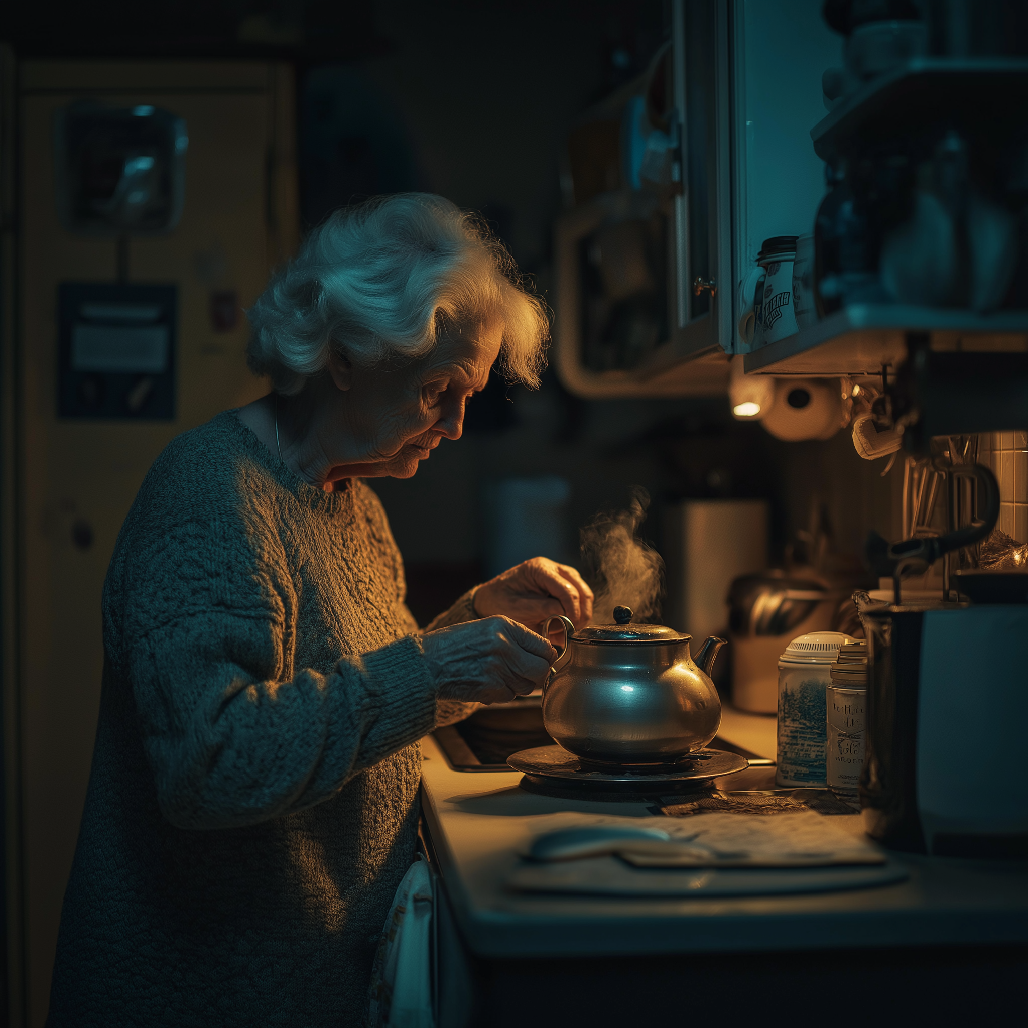 An elderly lady making tea in her kitchen at night | Source: no source