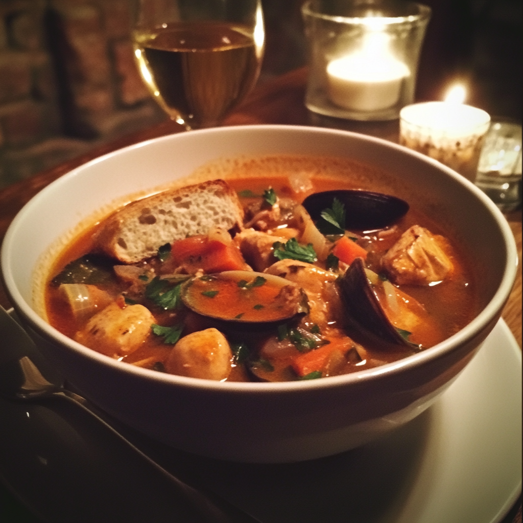 A bowl of bouillabaisse on a table | Source: No source