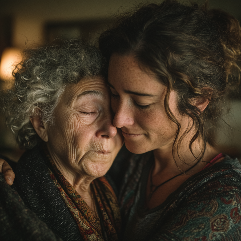 A sad woman hugging her grandmother | Source: no source