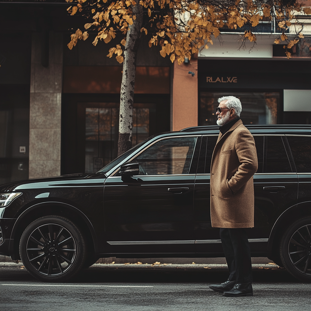A man standing next to a black SUV car | Source: No source