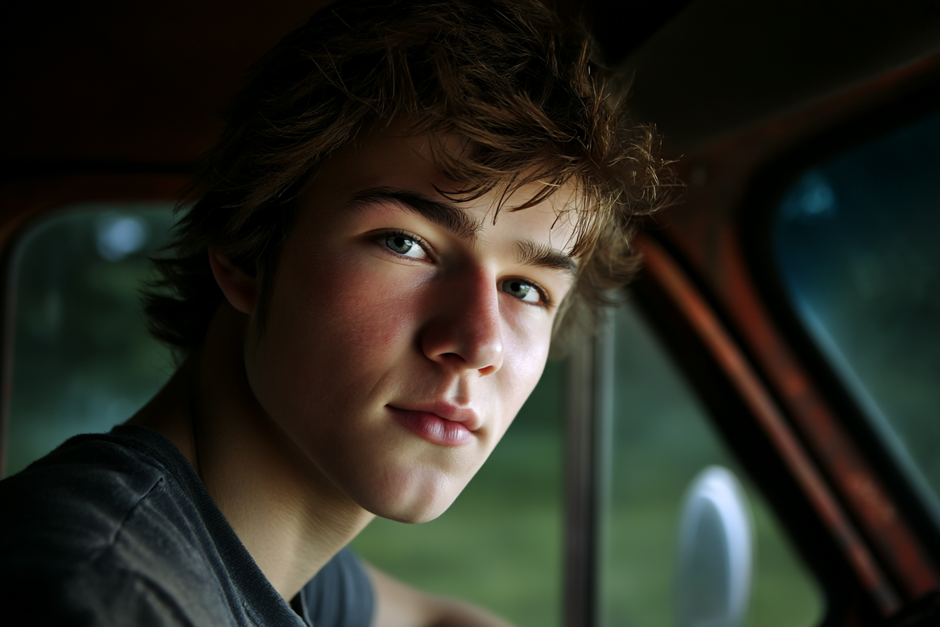 A teenage boy sitting in his car and looking sideways | Source: No source