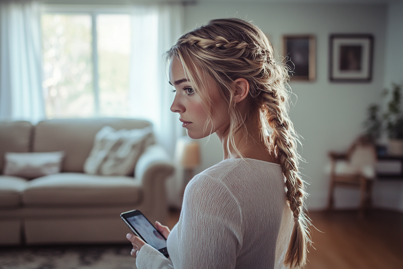 Woman in her 30s pacing in a living room and holding a phone | Source: no source