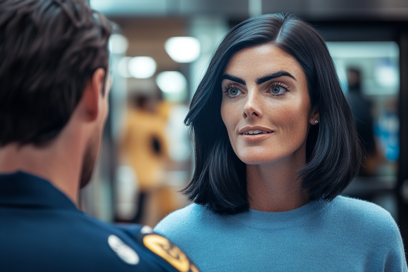 A relieved woman speaking to an airport security officer | Source: No source