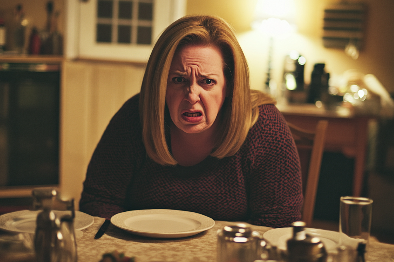 A woman seated at a dinner table speaking angrily | Source: No source