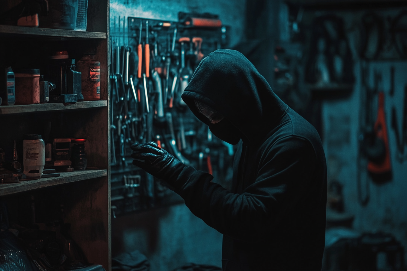 A man in black clothes and a mask inspecting the wall tool shelf of a garage | Source: no source