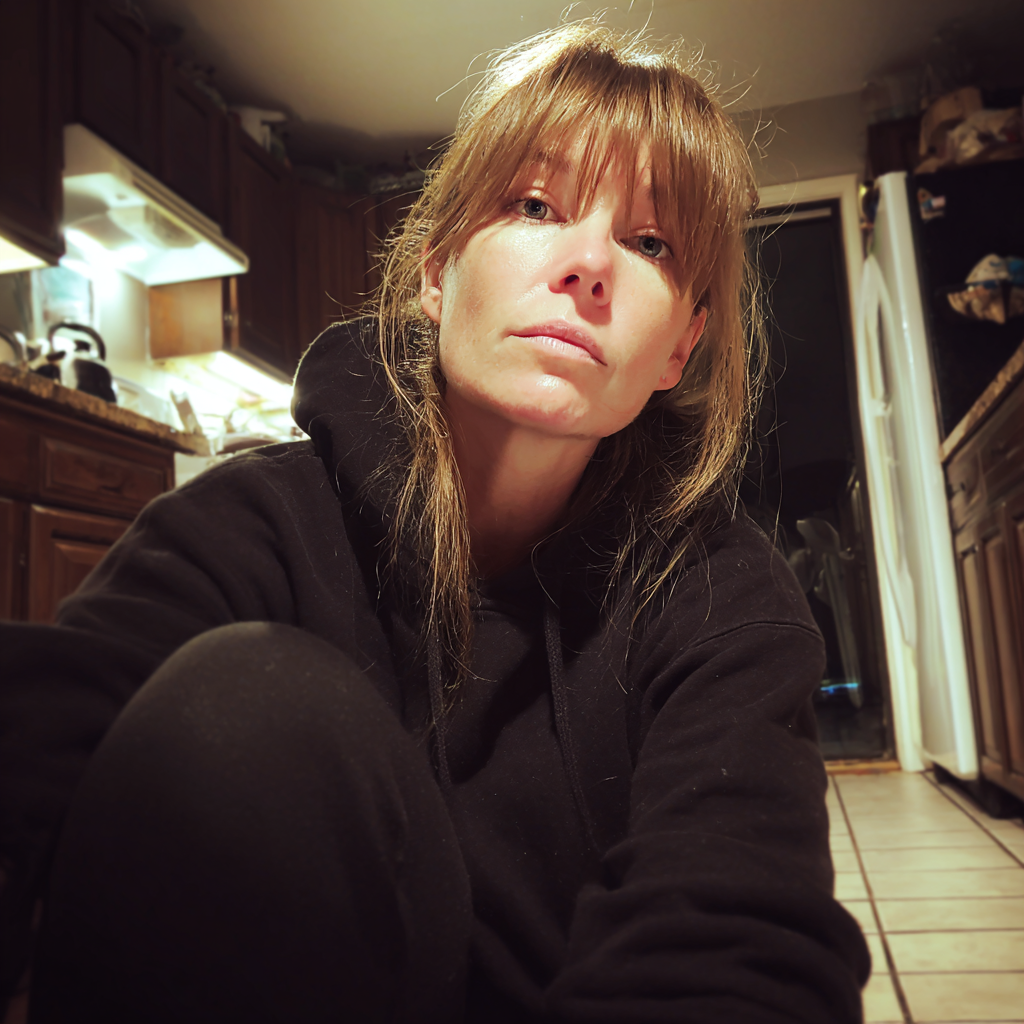 A woman sitting on a kitchen floor at night | Source: no source