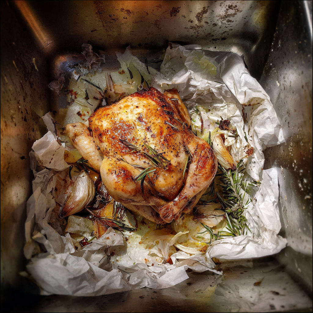 A roast chicken thrown into a stainless steel bin | Source: No source