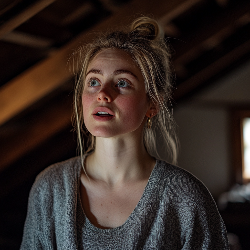 A woman looks surprised while standing in an attic | Source: No source