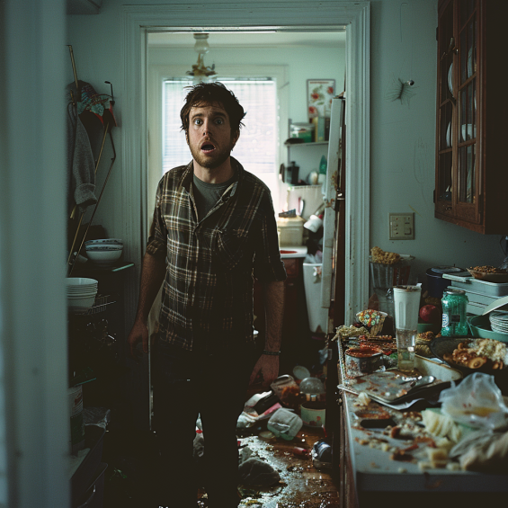 A shocked man standing in a dirty room | Source: No source