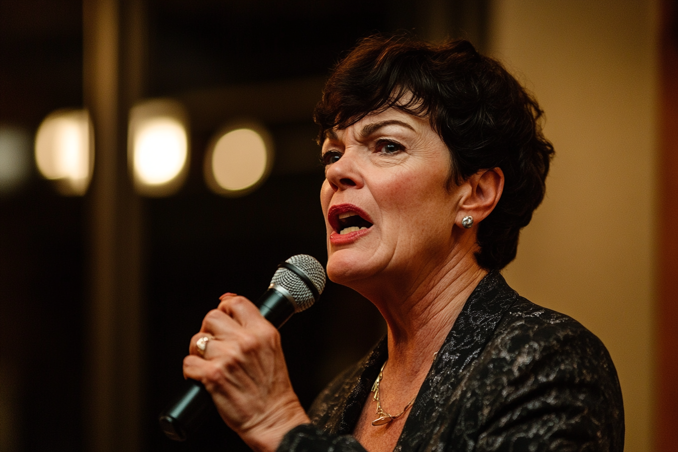 A woman speaking into a microphone | Source: No source