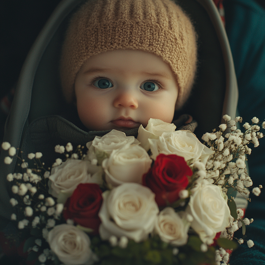 A bouquet partially covering a baby in a carrier | Source: No source