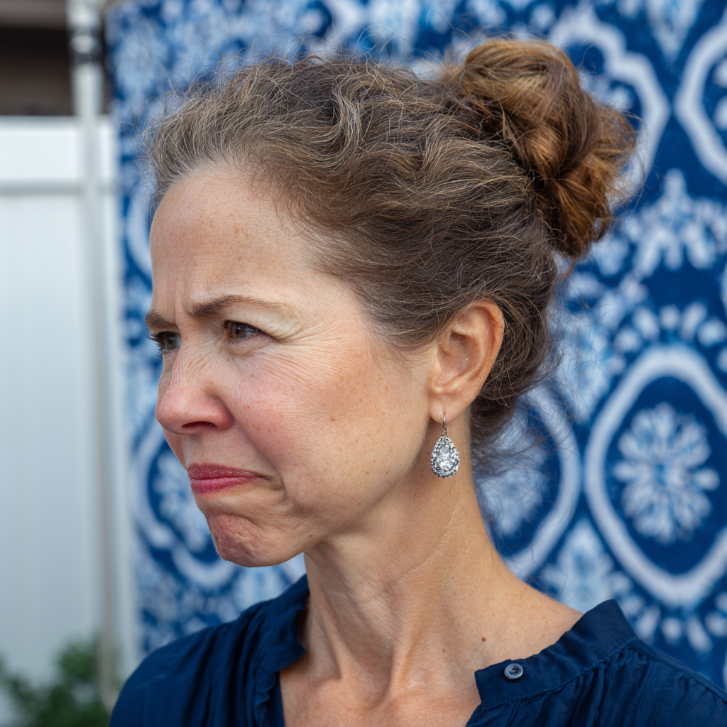 An upset older woman wearing diamond earrings | Source: No source