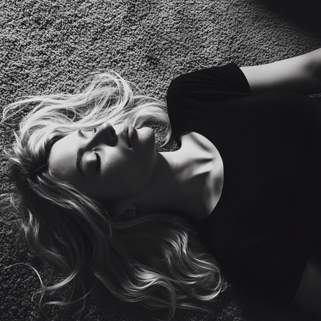 A woman laying on a living room carpet | Source: No source