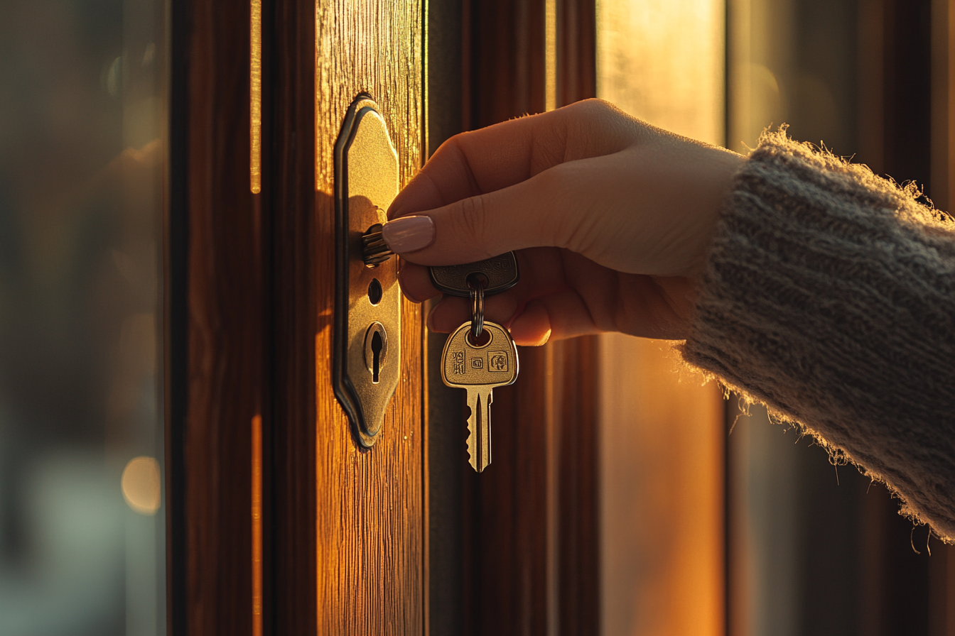 A woman's hand holds keys in the lock of a front door | Source: No source