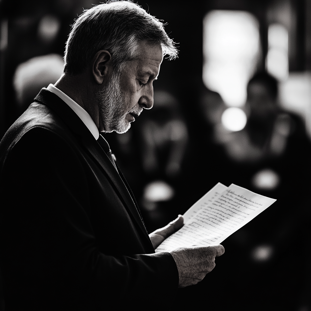 Senior man reading a letter at a funeral | Source: No source