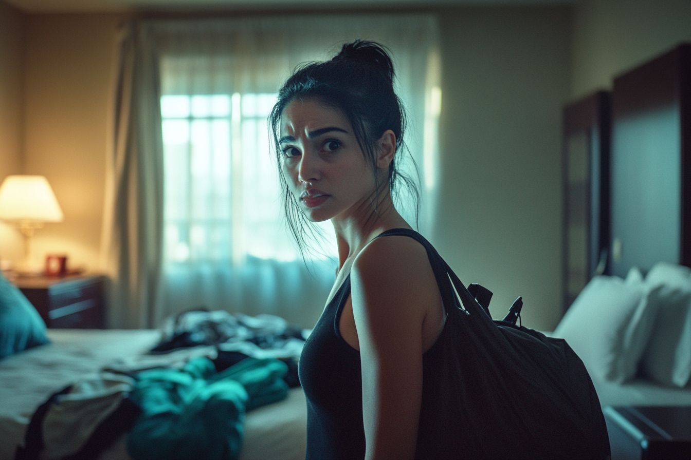 A black-haired woman in her 30s packs clothes and carries a bag in a resort hotel room | Source: No source