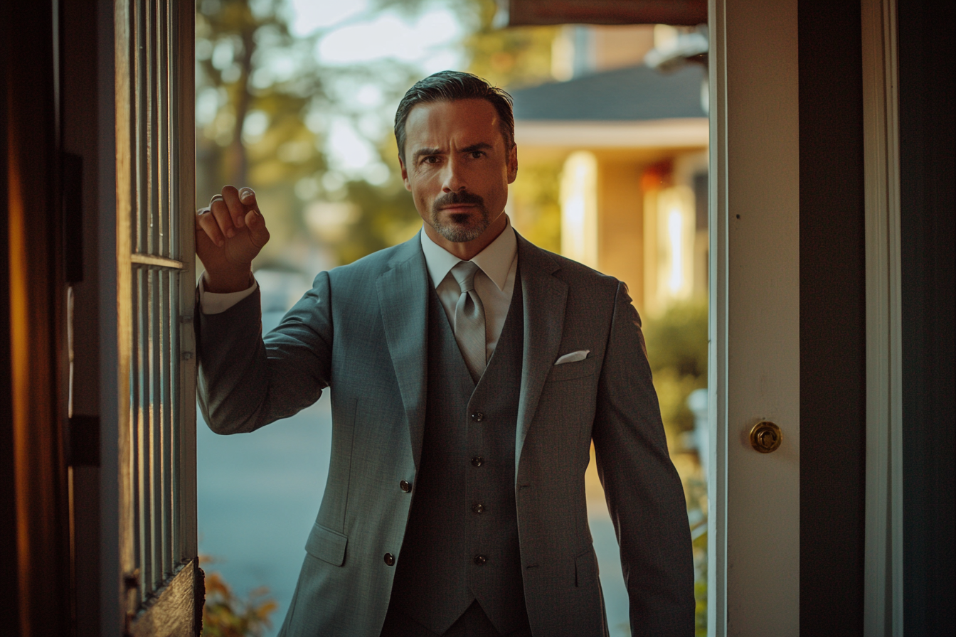 Man with a serious expression in the doorway of a house | Source: No source